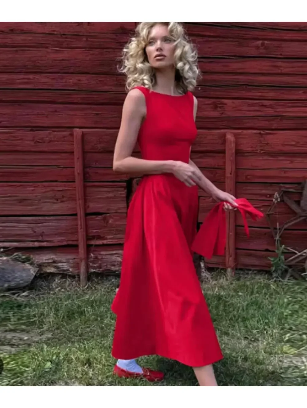 NWT Helsa Stretch Organic Cotton Sateen Midi Dress in Red  SIZE S $298msrp - Picture 3 of 13
